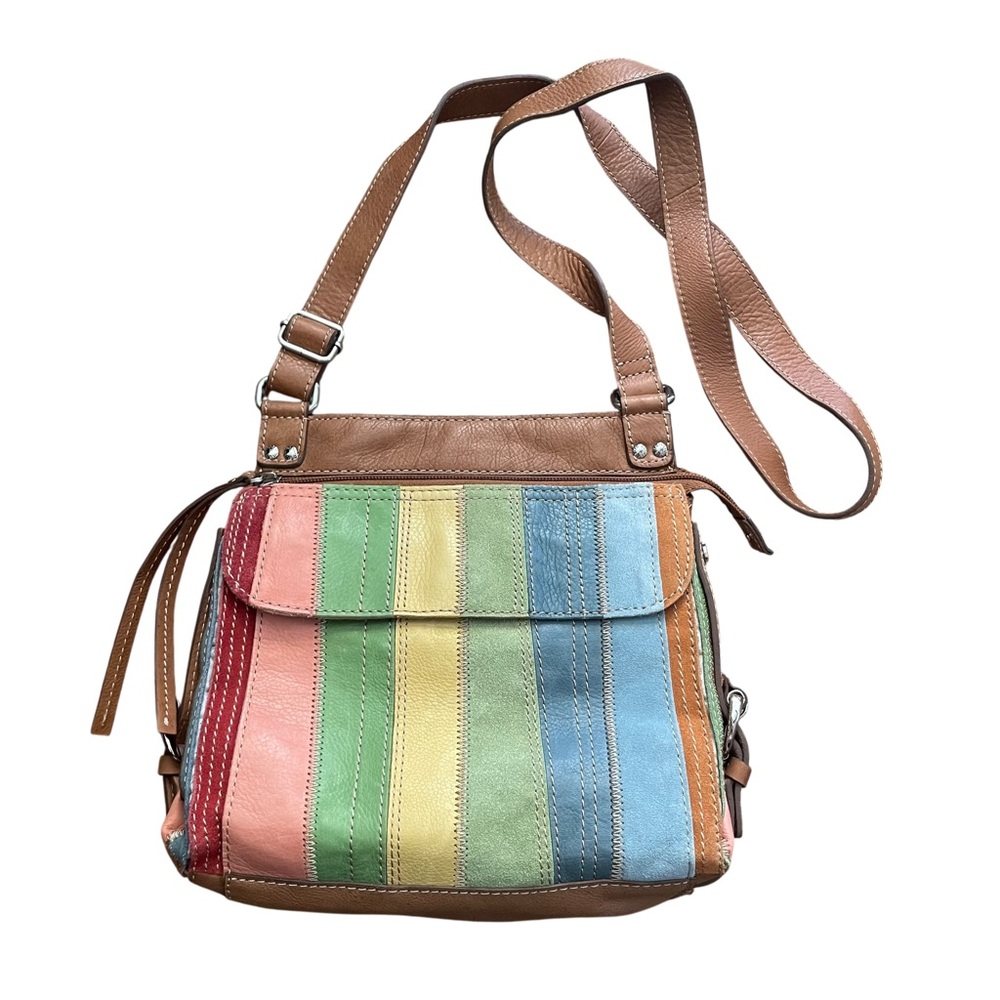 Fossil Patchwork Rainbow Stripe Leather Crossbody… - image 1